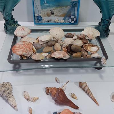 Beach in a box - 2 Marlin fish Avon bottles- Glass tray with metal stand full of shells and a Hawaii inspired picture frame