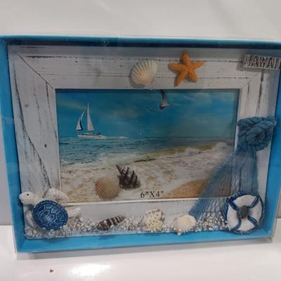 Beach in a box - 2 Marlin fish Avon bottles- Glass tray with metal stand full of shells and a Hawaii inspired picture frame