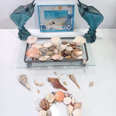 Beach in a box - 2 Marlin fish Avon bottles- Glass tray with metal stand full of shells and a Hawaii inspired picture frame