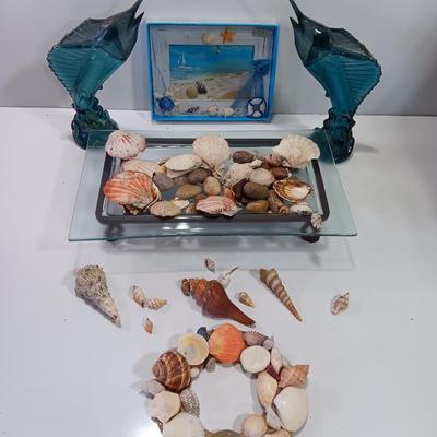 Beach in a box - 2 Marlin fish Avon bottles- Glass tray with metal stand full of shells and a Hawaii inspired picture frame