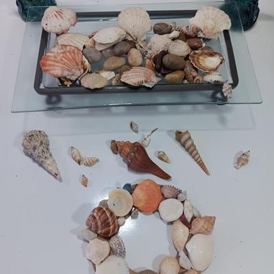 Beach in a box - 2 Marlin fish Avon bottles- Glass tray with metal stand full of shells and a Hawaii inspired picture frame