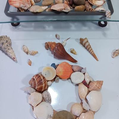 Beach in a box - 2 Marlin fish Avon bottles- Glass tray with metal stand full of shells and a Hawaii inspired picture frame