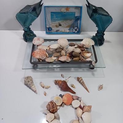 Beach in a box - 2 Marlin fish Avon bottles- Glass tray with metal stand full of shells and a Hawaii inspired picture frame