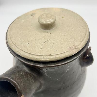 Antique c. 1890 Brown Slip Stoneware Batter Jug w/ Bail Handle and Lid