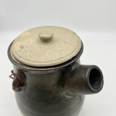 Antique c. 1890 Brown Slip Stoneware Batter Jug w/ Bail Handle and Lid