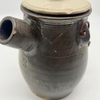 Antique c. 1890 Brown Slip Stoneware Batter Jug w/ Bail Handle and Lid