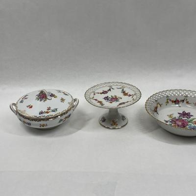 Schumann Dresden Pierced Porcelain Floral Bowl, Casserole, Cake Plate pink purple yellow