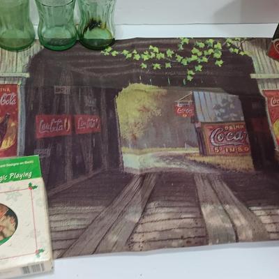 Coca Cola collectibles - bottles - cards - glasses and a tapestry