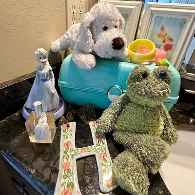 Girls toys, including make up case Bracelets, art, initial H wall hanging