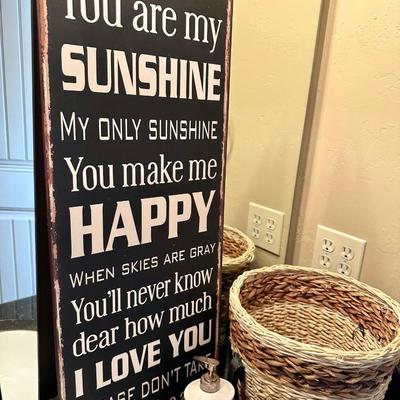 You are my sunshine Wall art, Black and white bathroom items, Cup and lotion holder, Trash basket