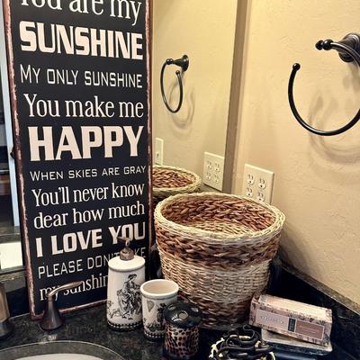 You are my sunshine Wall art, Black and white bathroom items, Cup and lotion holder, Trash basket