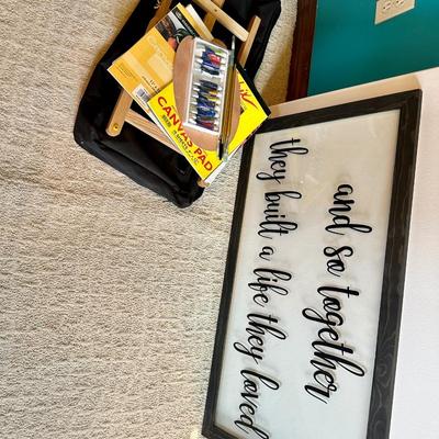 Art supplies, lot, paints, and a decorative sign
