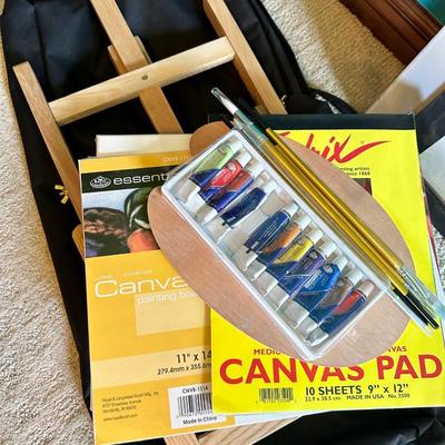 Art supplies, lot, paints, and a decorative sign
