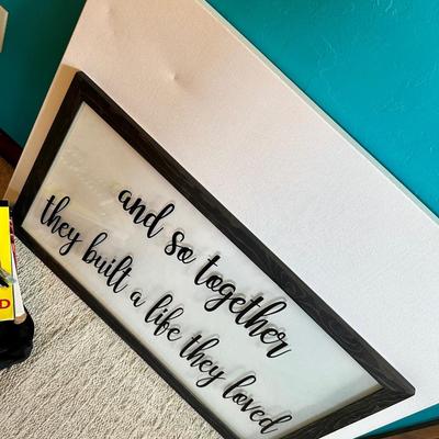 Art supplies, lot, paints, and a decorative sign
