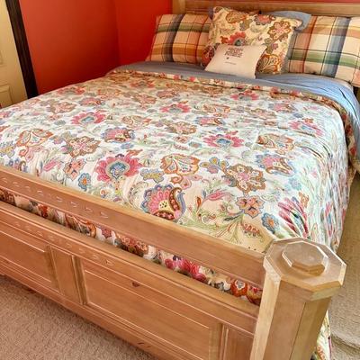Queen bed, light wood carved, floral, bedding, and pillows