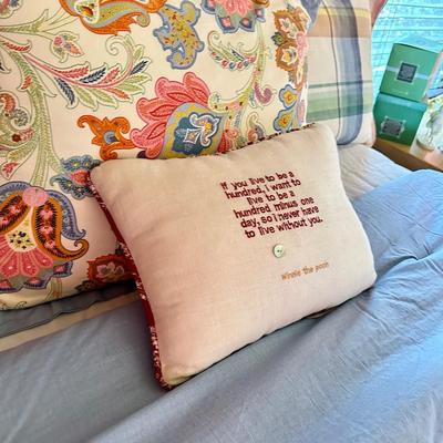 Queen bed, light wood carved, floral, bedding, and pillows