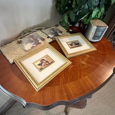 Wooden table frames, faux plant, decor lot