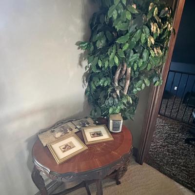Wooden table frames, faux plant, decor lot