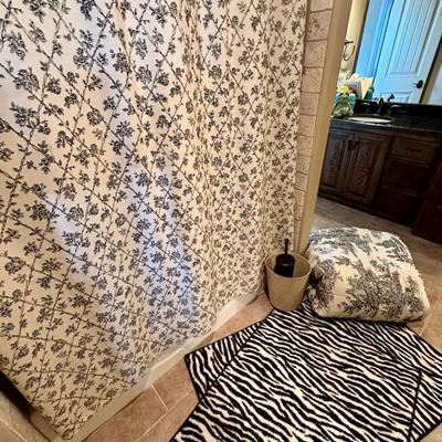 Black and white lot Queen toile bedspread, bathroom items, shower, curtain, rugs, trash basket