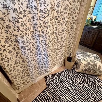 Black and white lot Queen toile bedspread, bathroom items, shower, curtain, rugs, trash basket