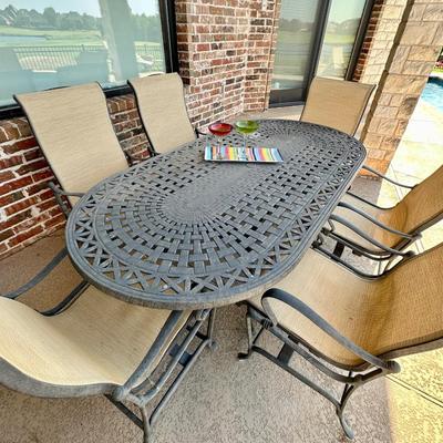 Outdoor table and six Sunbrella chairs, tray and two margarita glasses