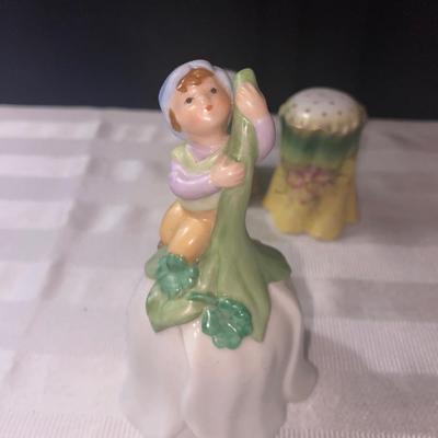 Really Old Salt and Pepper Shakers and 1983 Avon Bell with Handmade Dish