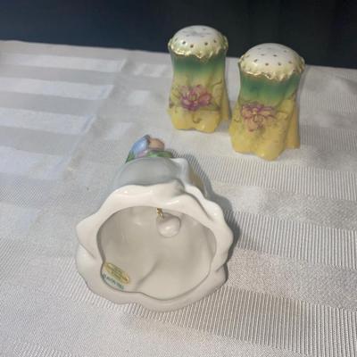 Really Old Salt and Pepper Shakers and 1983 Avon Bell with Handmade Dish