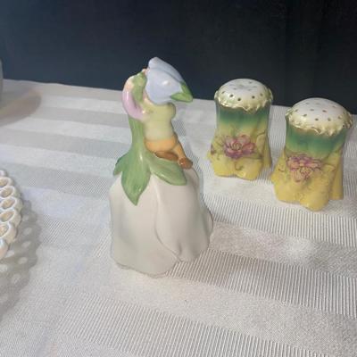 Really Old Salt and Pepper Shakers and 1983 Avon Bell with Handmade Dish