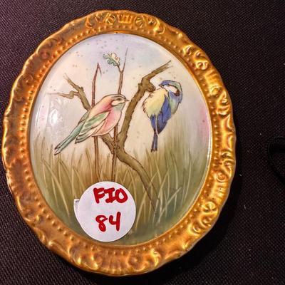 Limoges FRANCE Brooch Gold Tone Porcelain Oval Birds Hand Painted