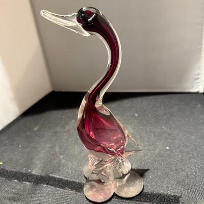 Art Glass Murano Style Duck / Goose - Lovely Rose Red & Clear