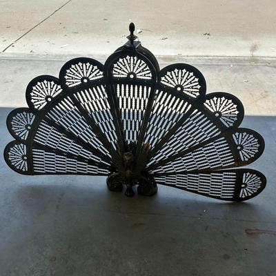 Antique Shell "Peacock" Fireplace Folding Screen Brass Fan Victorian 