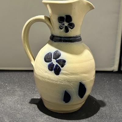 Vintage Large Williamsburg Pottery Blue Flower Creamer Pitcher Salt Glaze 7 1/2"