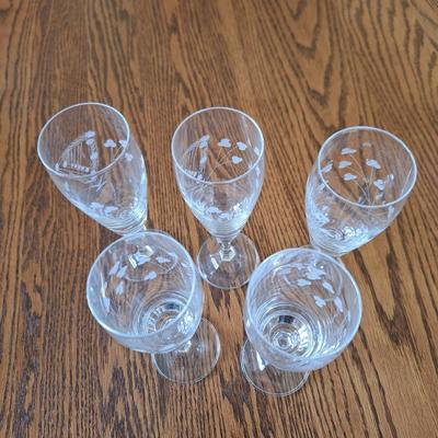5 etched champagne glasses