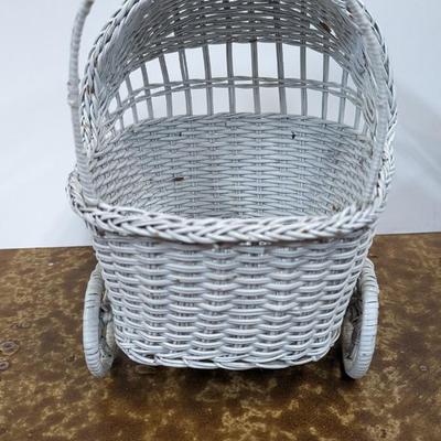 Vintage Wicker Doll Buggy White Baby Basket Stroller Decor