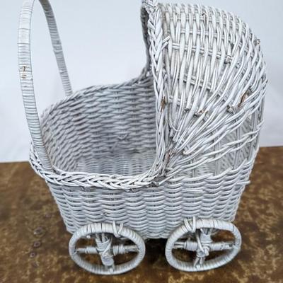 Vintage Wicker Doll Buggy White Baby Basket Stroller Decor