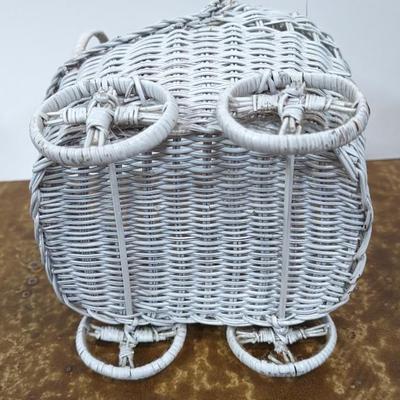 Vintage Wicker Doll Buggy White Baby Basket Stroller Decor