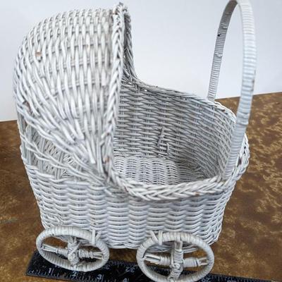 Vintage Wicker Doll Buggy White Baby Basket Stroller Decor