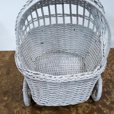 Vintage Wicker Doll Buggy White Baby Basket Stroller Decor