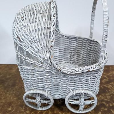 Vintage Wicker Doll Buggy White Baby Basket Stroller Decor