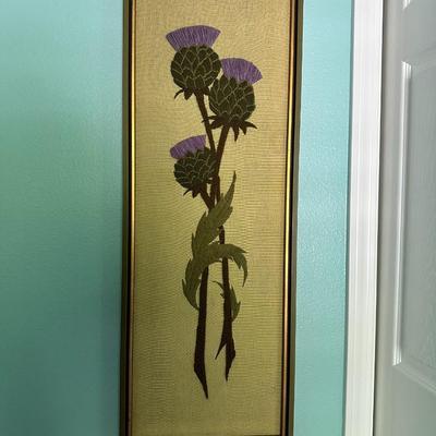 Vintage Mid Century Modern Large and Long Finished Crewel Thistles Embroidery Handmade Embroidered Wall Fiber Art Decor Paragon