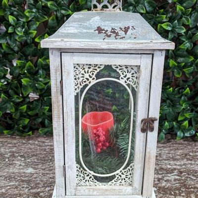 Distressed Lantern with Red Flameless Candle Metal and Glass Christmas Decor Rust