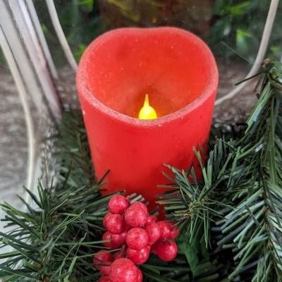 Distressed Lantern with Red Flameless Candle Metal and Glass Christmas Decor Rust