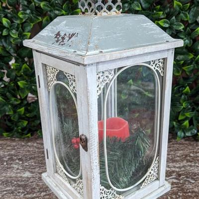 Distressed Lantern with Red Flameless Candle Metal and Glass Christmas Decor Rust