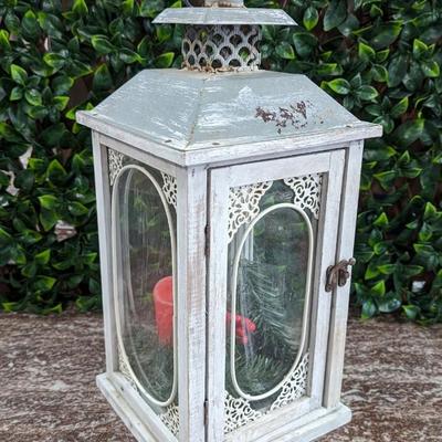 Distressed Lantern with Red Flameless Candle Metal and Glass Christmas Decor Rust