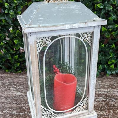 Distressed Lantern with Red Flameless Candle Metal and Glass Christmas Decor Rust