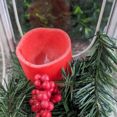 Distressed Lantern with Red Flameless Candle Metal and Glass Christmas Decor Rust