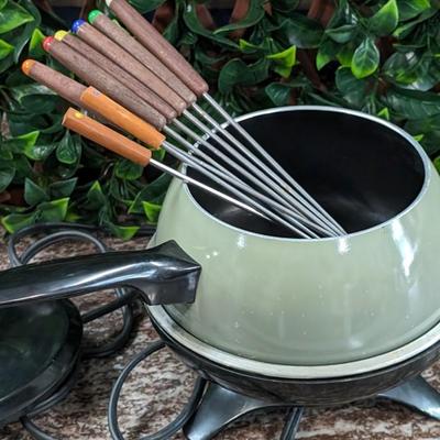 Vintage Oster Electric Fondue Pot ApplianceGreen with Black Lid and Forks Scratched Inside