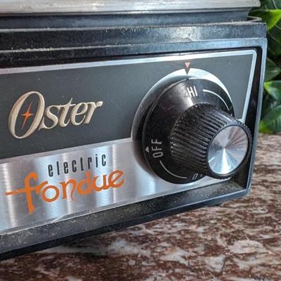 Vintage Oster Electric Fondue Pot ApplianceGreen with Black Lid and Forks Scratched Inside