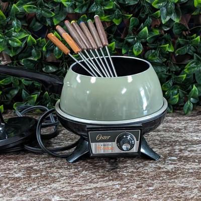 Vintage Oster Electric Fondue Pot ApplianceGreen with Black Lid and Forks Scratched Inside