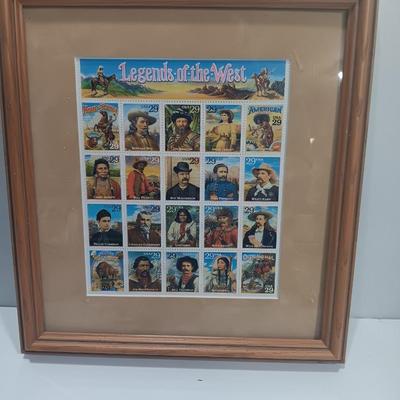 Framed Legends of the West stamp collection with Bronze stagecoach
